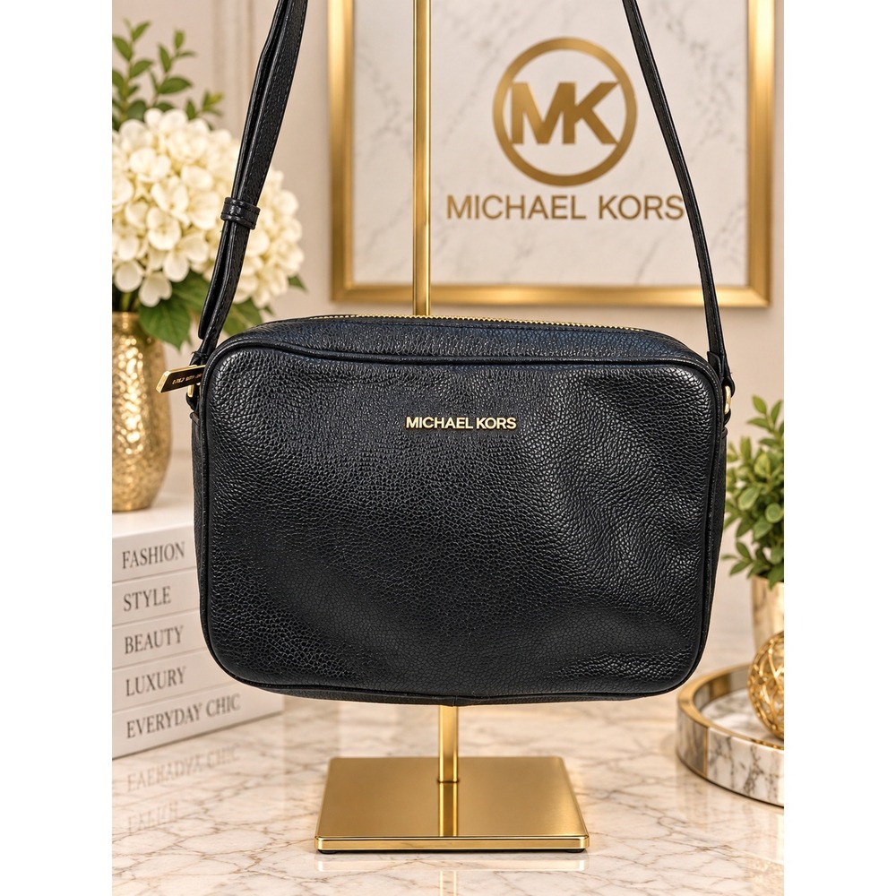 Michael Kors Jet Set Large East West Crossbody Bag Black Pebbled Leather Gold HW